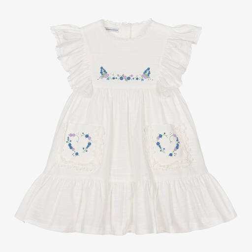 Beatrice & George-Girls Ivory Hand-Embroidered Cotton Dress | Childrensalon