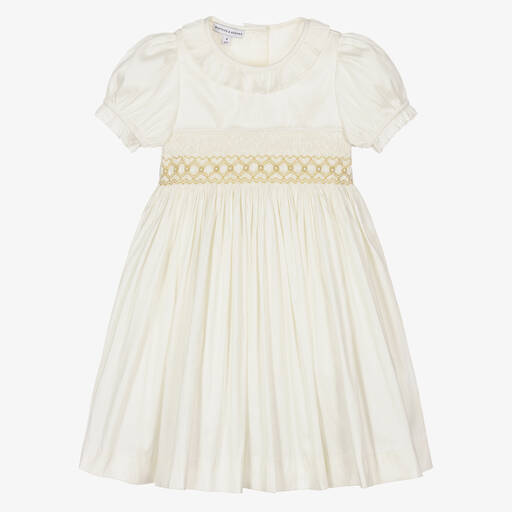 Beatrice & George-Girls Ivory Hand-Smocked Dupion Dress | Childrensalon