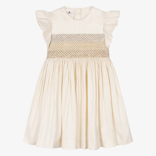 Beatrice & George X Childrensalon-Girls Ivory Smocked Dupion Joy Dress | Childrensalon