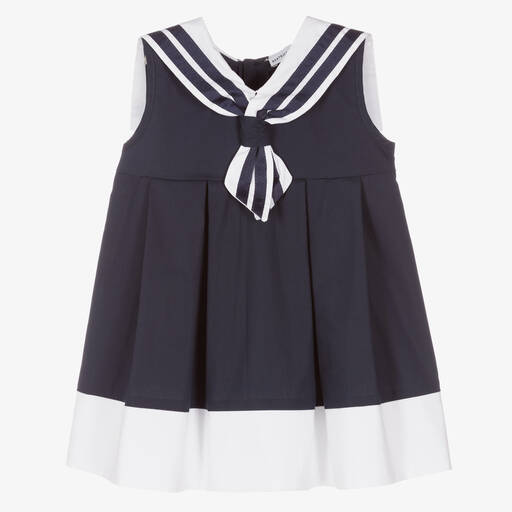 Beatrice & George-Girls Navy Blue Cotton Sailor Dress | Childrensalon