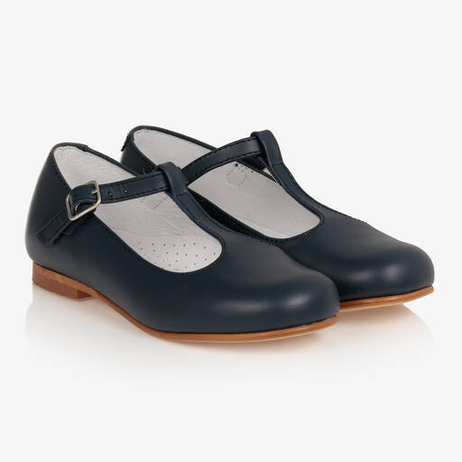 Beatrice & George-Girls Navy Blue Leather T-Bar Shoes | Childrensalon