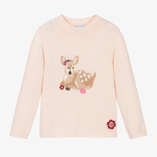 Beatrice & George-Розовый свитер из шерсти и кашемира с олененком | Childrensalon