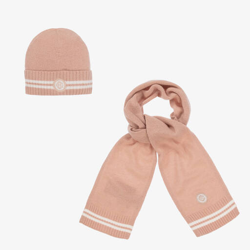 Beatrice & George-Girls Pink Wool & Cashmere Monogram Hat Set | Childrensalon