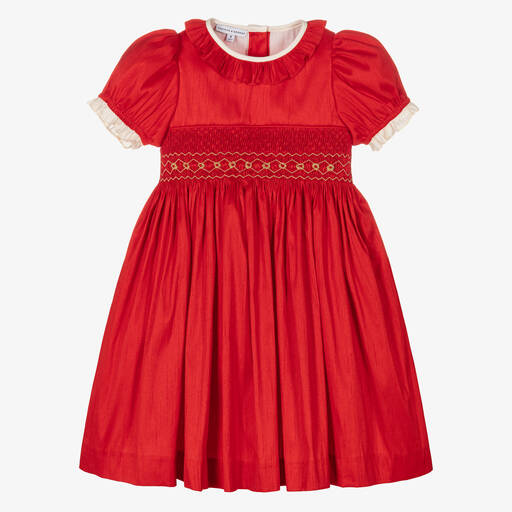 Beatrice & George-Girls Red Hand-Smocked Dupion Dress | Childrensalon