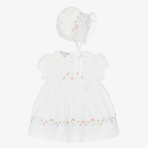 Beatrice & George-Girls White Cotton Embroidered Dress Set  | Childrensalon