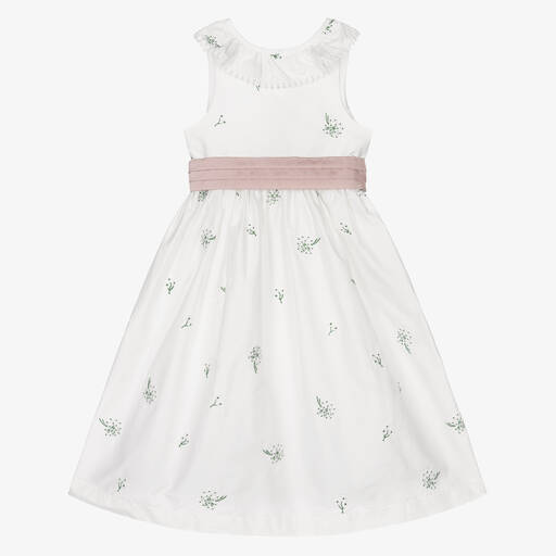 Beatrice & George-Girls White Cotton Embroidered Floral Dress | Childrensalon