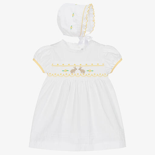 Beatrice & George-Белое платье и шапочка из хлопка с вышивкой  | Childrensalon