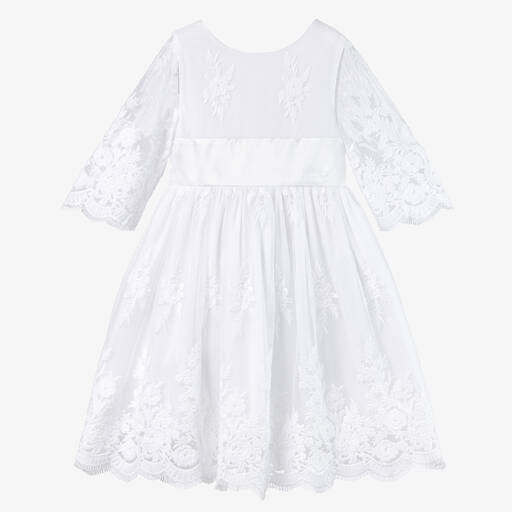 Beatrice & George-Girls White Embroidered Tulle Dress  | Childrensalon