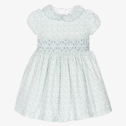 Beatrice & George-Girls White & Green Floral Smocked Dress | Childrensalon
