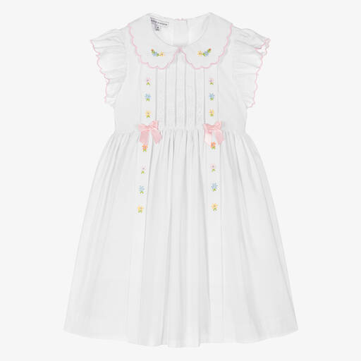 Beatrice & George-Girls White Hand-Embroidered Cotton Dress | Childrensalon