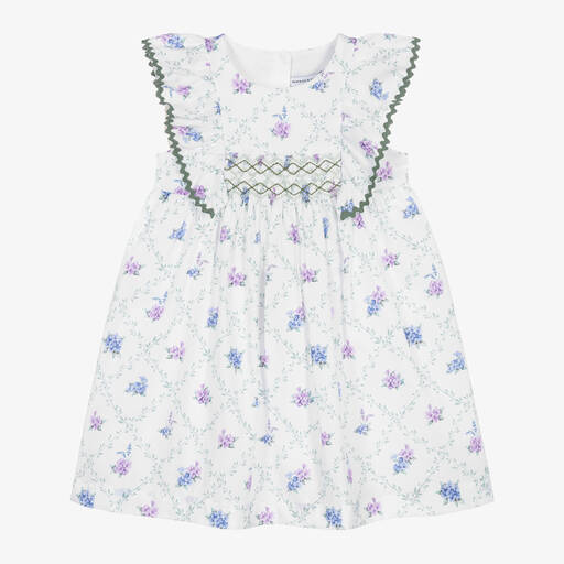 Beatrice & George-Girls White Smocked Floral Cotton Dress  | Childrensalon