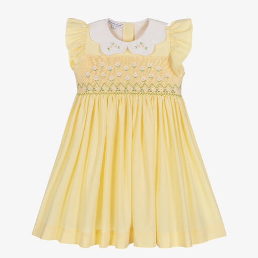 Beatrice & George-Girls Yellow Hand-Smocked Daisy Dress | Childrensalon