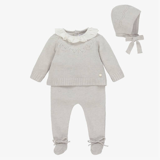 Beatrice & George-Grey Knitted Wool & Cashmere Babygrow Set | Childrensalon
