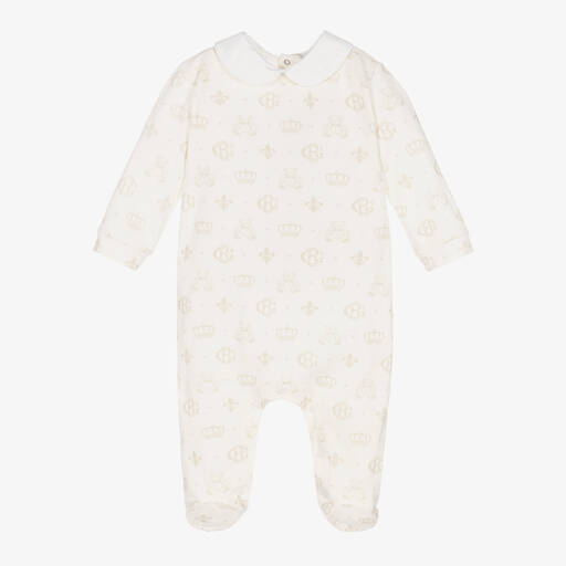 Beatrice & George-Ivory & Beige Cotton Monogram Babygrow | Childrensalon