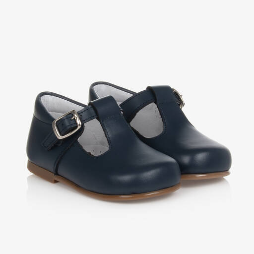 Beatrice & George-Navy Blue Leather T-Bar Shoes | Childrensalon