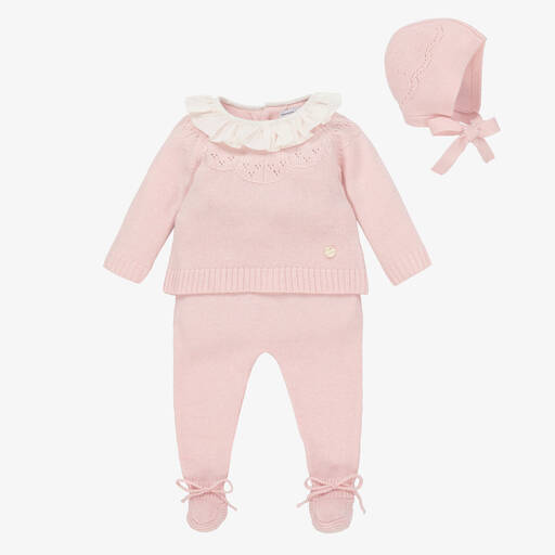 Beatrice & George-Pink Knitted Wool & Cashmere Babygrow Set | Childrensalon