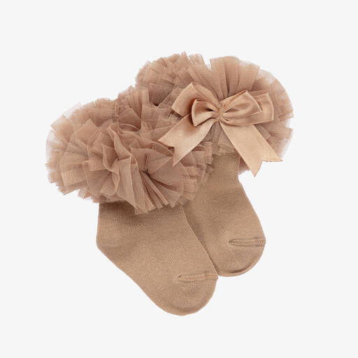 Beau KiD-Beige Cotton Frilled Bow Socks | Childrensalon