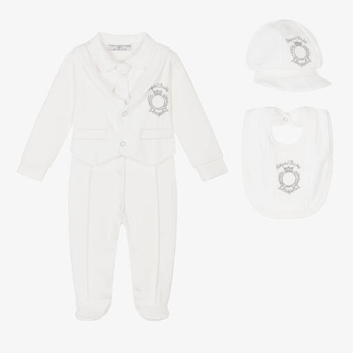 Beau KiD-Boys Ivory Cotton Crest Babysuit Set | Childrensalon