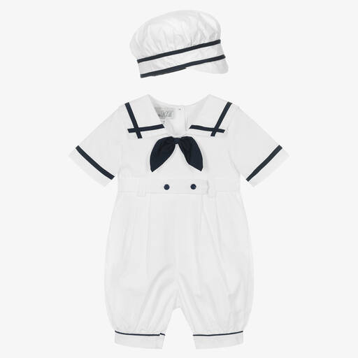 Beau KiD-Boys White & Navy Blue Sailor Babysuit Set | Childrensalon