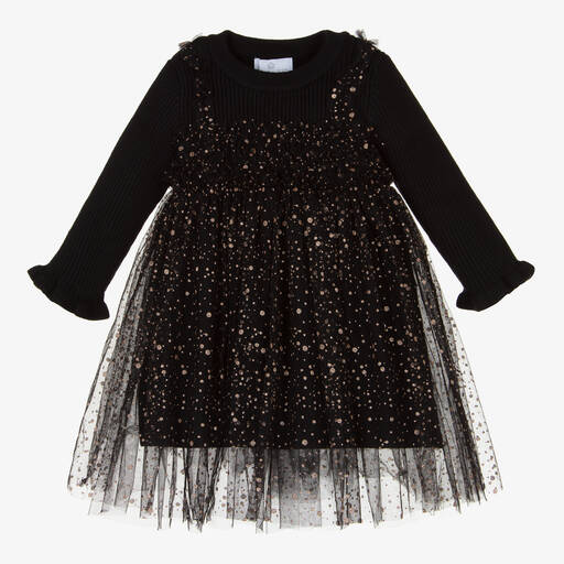 Beau KiD-Черное трикотажное платье с отделкой из тюля с блестками | Childrensalon