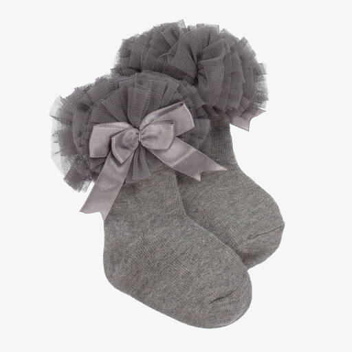 Beau KiD-Girls Grey Cotton Frill Socks | Childrensalon