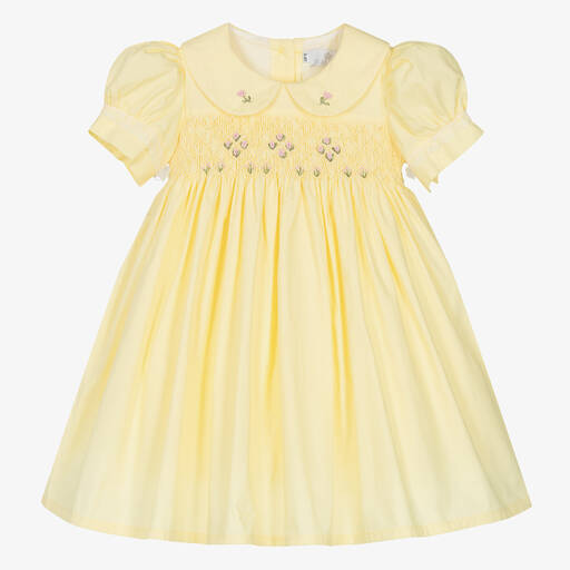 Beau KiD-فستان مطرز سموكينغ قطن بوبلين لون أصفر | Childrensalon