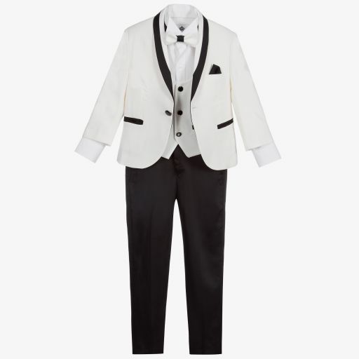 Beau KiD-بدلة لون عاجي وأسود مع قميص قطن لون أبيض - 5 قطع  | Childrensalon