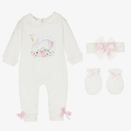 Beau KiD-Ivory Swan Print Cotton Babysuit Set | Childrensalon
