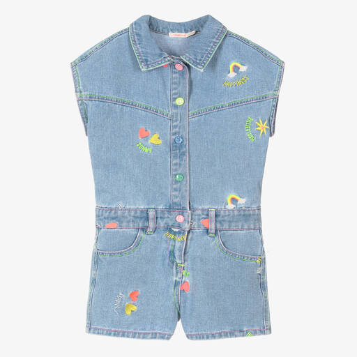 Billieblush-Girls Blue Denim Embroidered Playsuit | Childrensalon