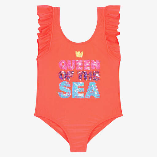 Billieblush-Girls Coral Orange Ruffle Swimsuit | Childrensalon