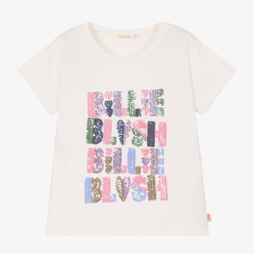 Billieblush-Girls Ivory Cotton Sequin T-Shirt | Childrensalon