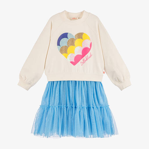 Billieblush- فستان بطبعة قلب قطن وتول لون عاجي | Childrensalon