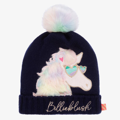 Billieblush-Girls Navy Blue Knitted Pom-Pom Hat | Childrensalon