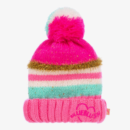 Billieblush-Girls Pink Striped Knit Pom-Pom Hat | Childrensalon