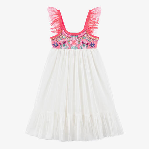 Billieblush-فستان تول لون أبيض وزهري نيون مزين بترتر | Childrensalon