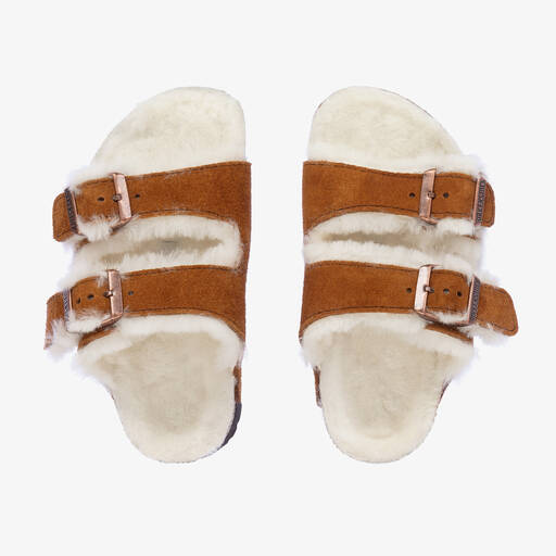 Birkenstock-Brown Suede & Shearling Sandals | Childrensalon