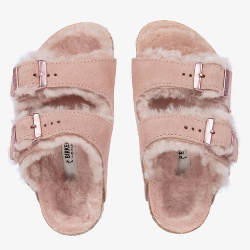 Birkenstock-Girls Pale Pink Suede & Shearling Sandals | Childrensalon