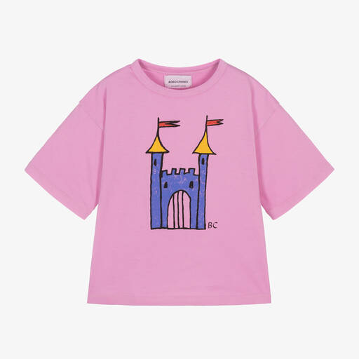 Bobo Choses-Girls Pink Organic Cotton Castle Print T-Shirt | Childrensalon