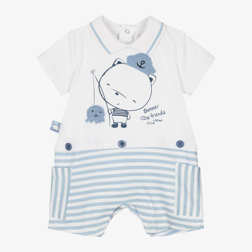 Boboli-Baby Boys White & Blue Cotton Shortie | Childrensalon