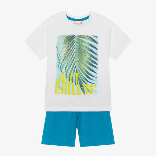 Boboli-Boys Blue Cotton Palm Leaf Shorts Set | Childrensalon