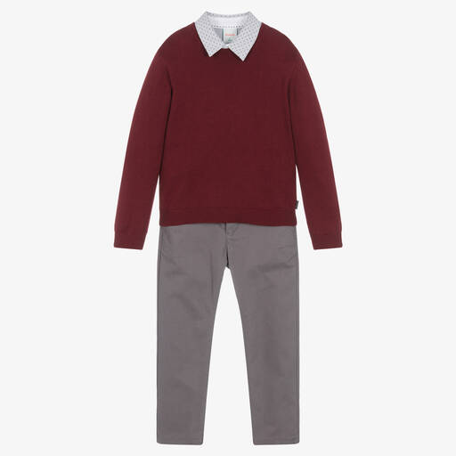 Boboli-Ensemble pantalon coton rouge gris | Childrensalon
