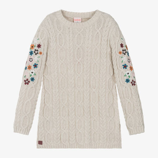 Boboli-Girls Beige Embroidered Cable Knit Dress | Childrensalon