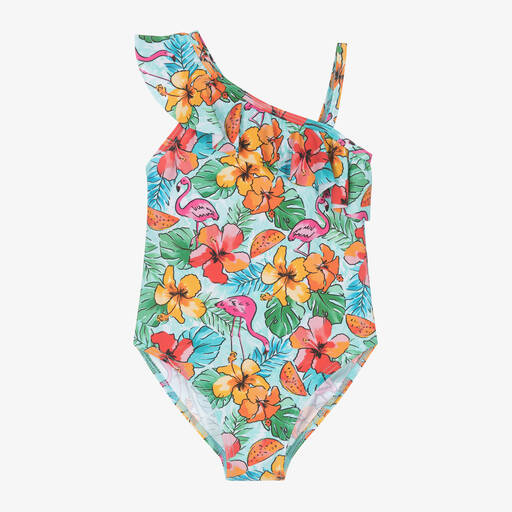Boboli-Girls Blue Floral & Flamingo Swimsuit | Childrensalon