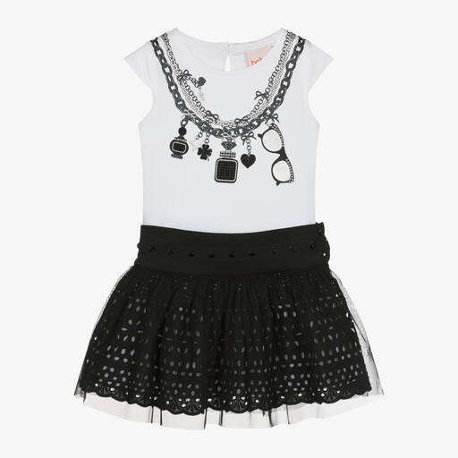 Boboli-Girls White & Black Cotton Skirt Set | Childrensalon