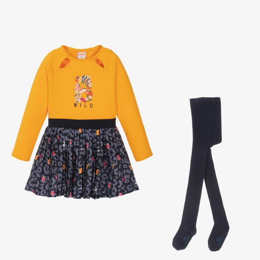 Boboli-Желто-синий комплект с юбкой в цветочек для девочек | Childrensalon