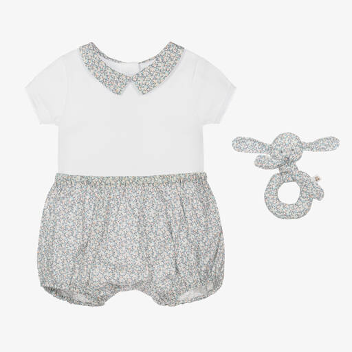 Bonpoint-Baby Girls White & Blue Floral Shorts Set | Childrensalon