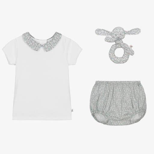 Bonpoint-Baby Girls White & Blue Floral Shorts Set | Childrensalon