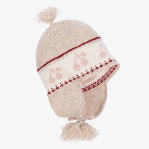 Bonpoint-Beige Merino Wood Knitted Cherries Hat  | Childrensalon