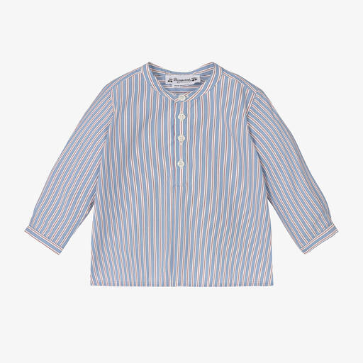 Bonpoint-Boys Blue Stripe Cotton Collarless Shirt | Childrensalon