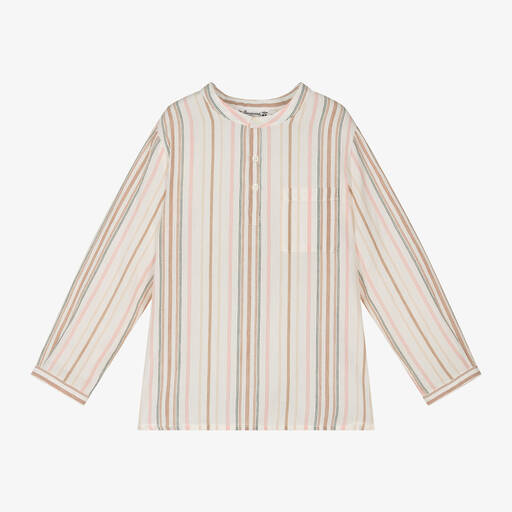 Bonpoint-Boys Ivory Cotton Stripe Collarless Shirt | Childrensalon
